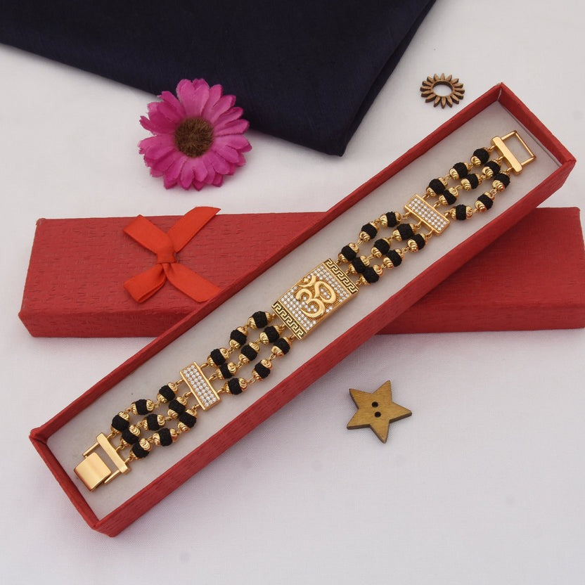 Om Etched Design High-Quality Gold Plated Rudraksha Bracelet for Men - Style C774 - AmazingBaba