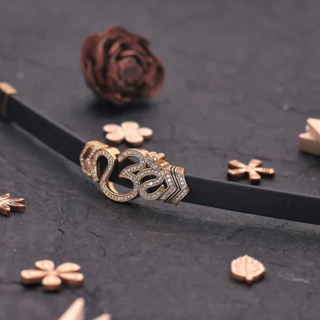 Eye-Catching Diamond OM Leather Belt Gold Plated Bracelet - Style A386 - AmazingBaba