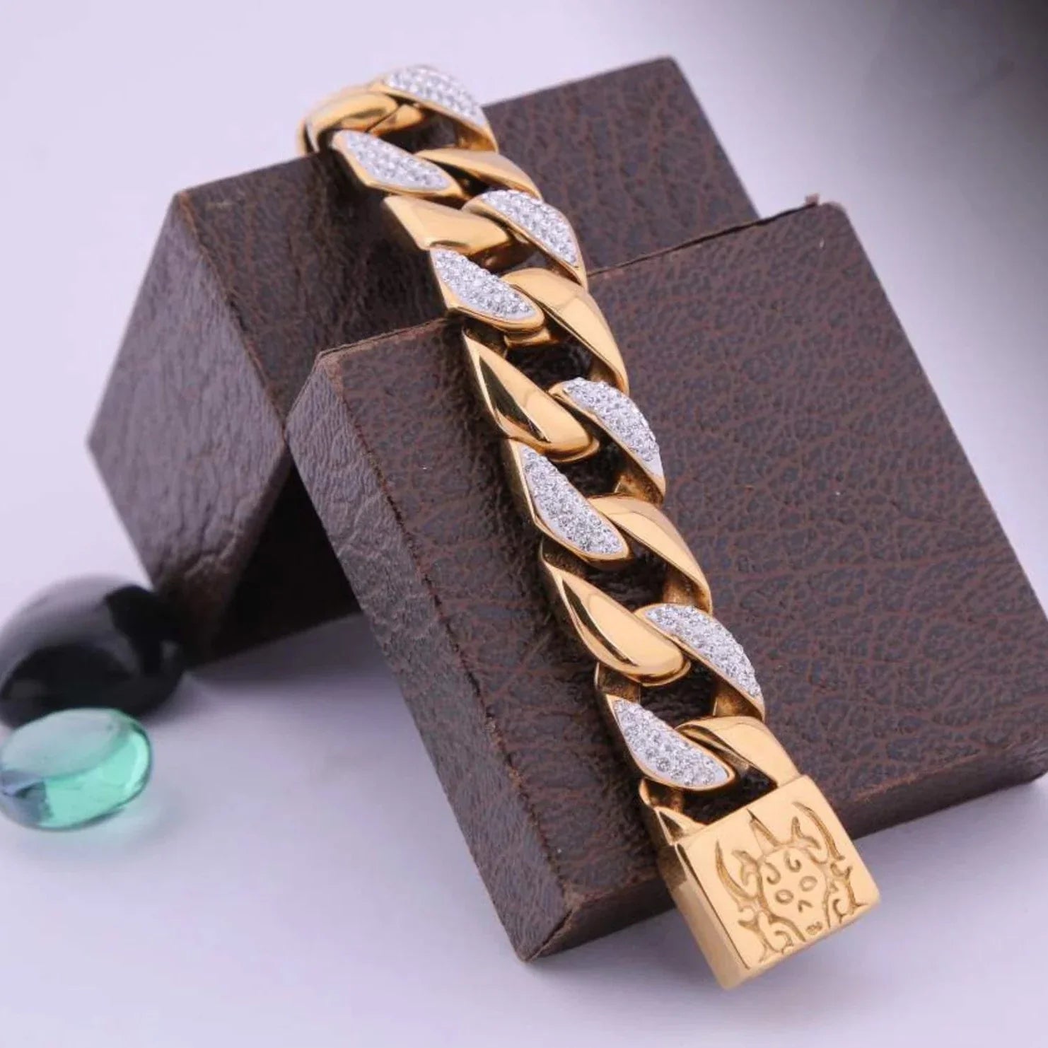 Big Golden Superior Quality Bracelet With Diamonds - Style A474 - AmazingBaba