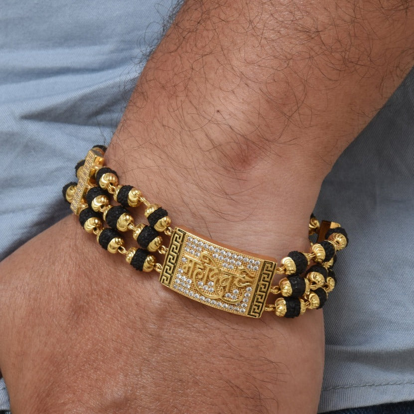 Mahadev Design High-Quality Gold Plated Rudraksha Bracelet for Men - Style C735 - AmazingBaba