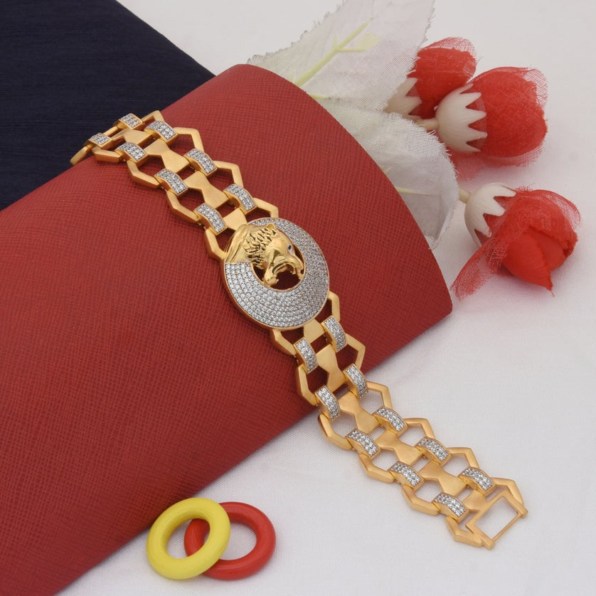 1 Gram Gold Plated Lion with Diamond Latest Design Bracelet for Men - Style C756 - AmazingBaba