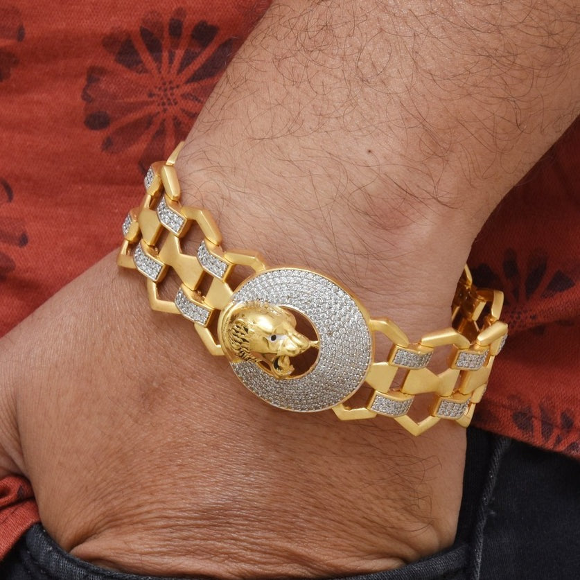 1 Gram Gold Plated Lion with Diamond Latest Design Bracelet for Men - Style C756 - AmazingBaba