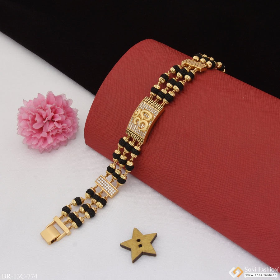 Om Etched Design High-Quality Gold Plated Rudraksha Bracelet for Men - Style C774 - AmazingBaba