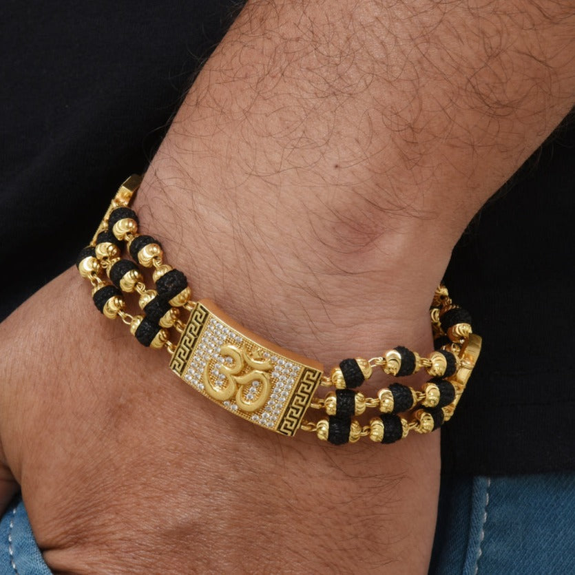 Om Etched Design High-Quality Gold Plated Rudraksha Bracelet for Men - Style C774 - AmazingBaba