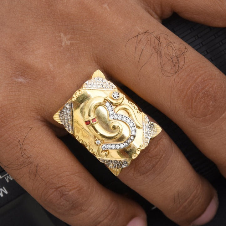 1 Gram Gold Plated Om with Diamond Design High-Quality Ring for Men - Style B425 - AmazingBaba