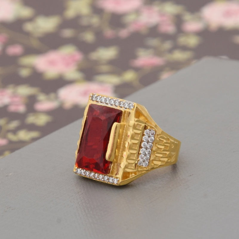 1 Gram Gold Plated Red Stone with Diamond Antique Design Ring for Men - Style B435 - AmazingBaba