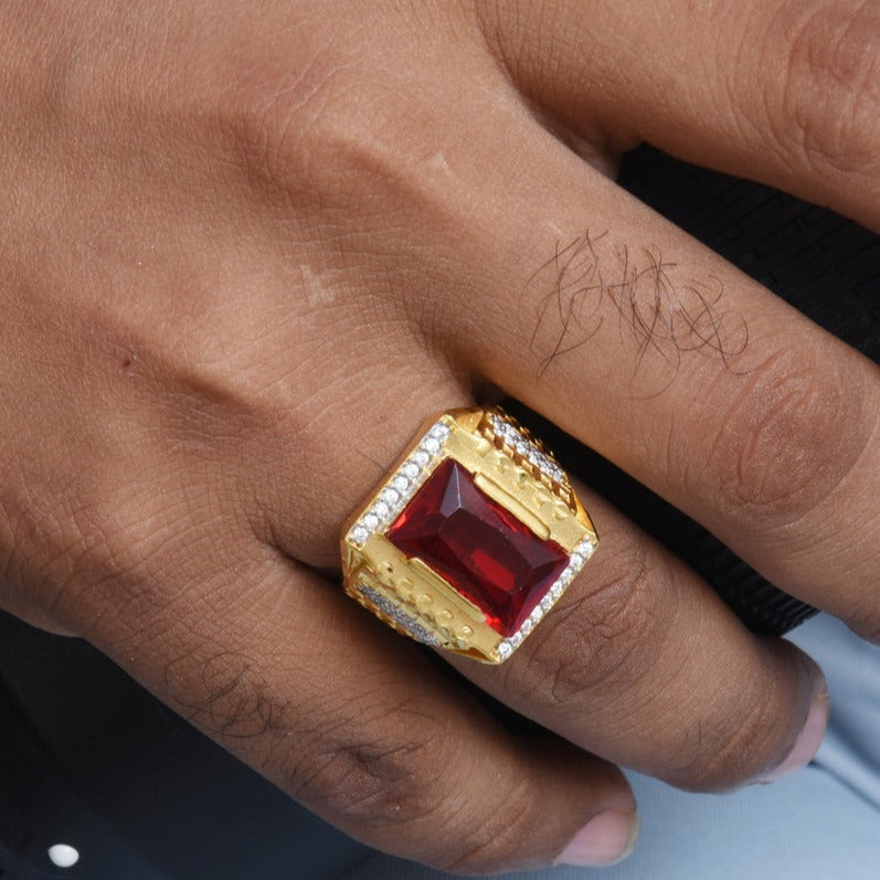 1 Gram Gold Plated Red Stone with Diamond Antique Design Ring for Men - Style B435 - AmazingBaba